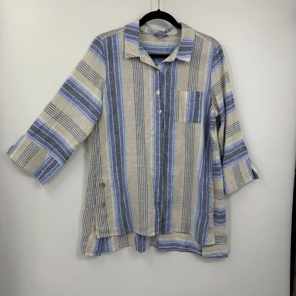 Habitat Clothes Linen Button Up Tunic Medium Blue Striped High Low Lagenlook